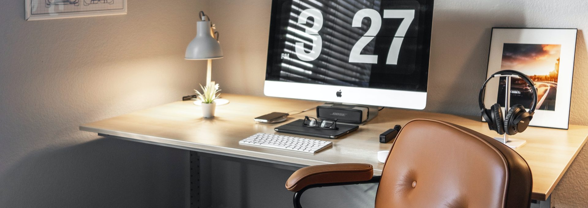 Desk area with floating wall shelves